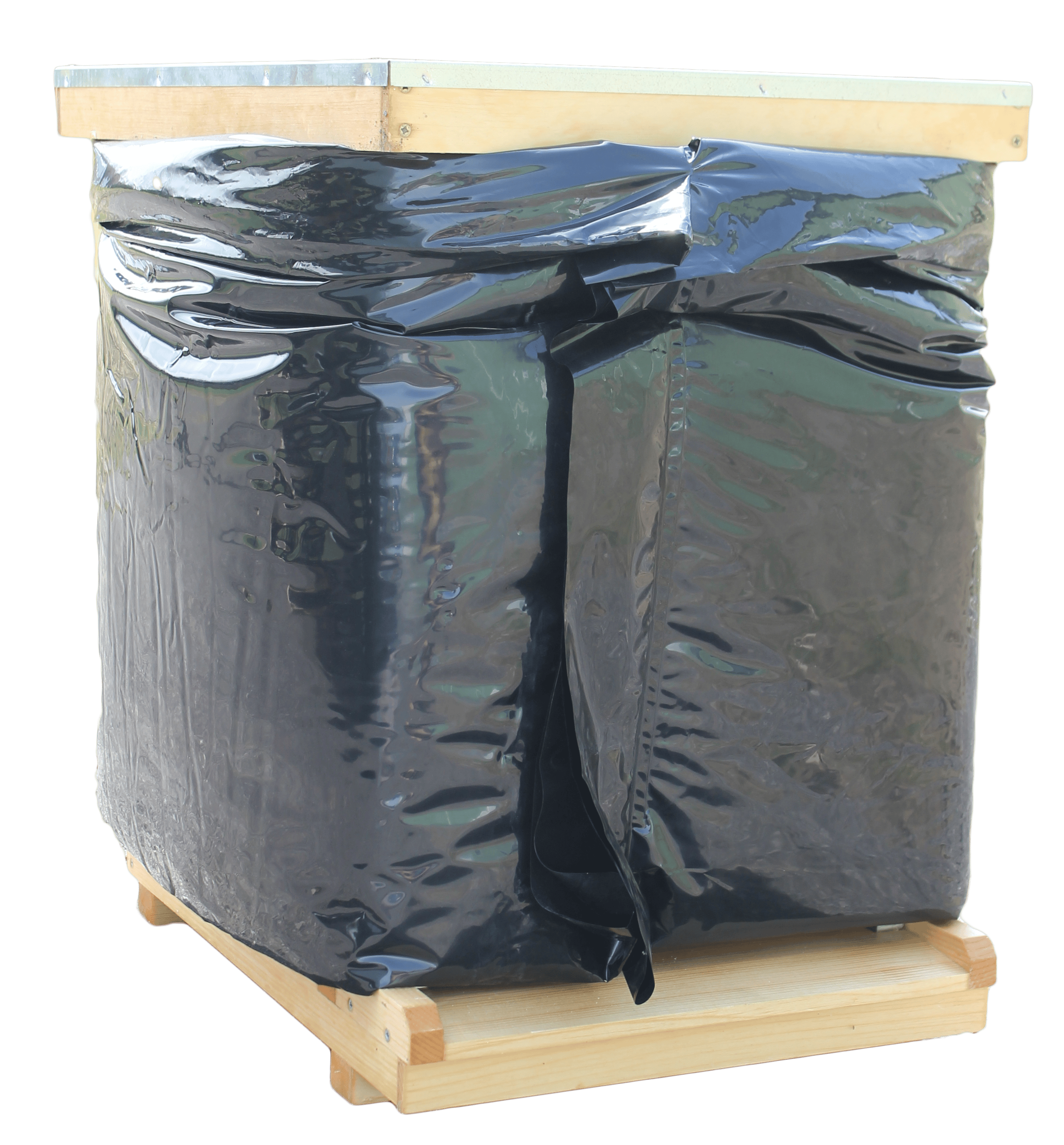 A black polypropylene bee hive wrap designed to insulate bee hives during the winter.